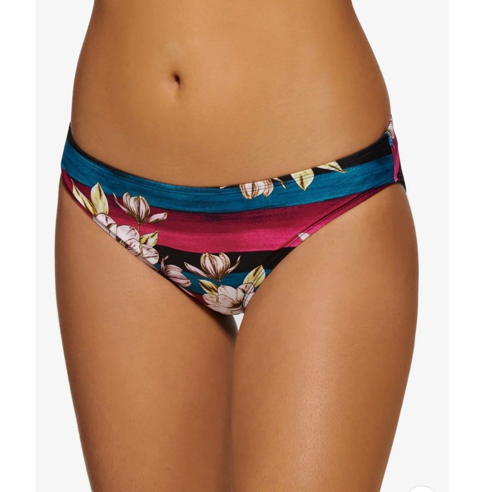 Hula Honey Womens Floral Stripe Bikini Bottom Teal Magenta Black Hipster Medium